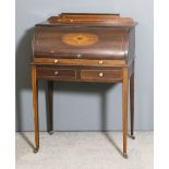 An Edwardian lady's mahogany cylindrical topped bureau inlaid throughout with boxwood stringings,