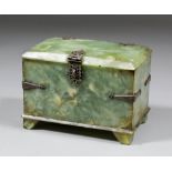 A Continental green hardstone and silvery metal mounted rectangular casket, with shaped and