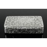 An early Victorian silver rectangular snuff box, all boldly engraved with leaf scroll ornament and