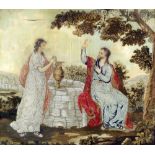 An early 19th Century painted and embroidered silk panel - Jesus and Rebecca at the well, 13ins x