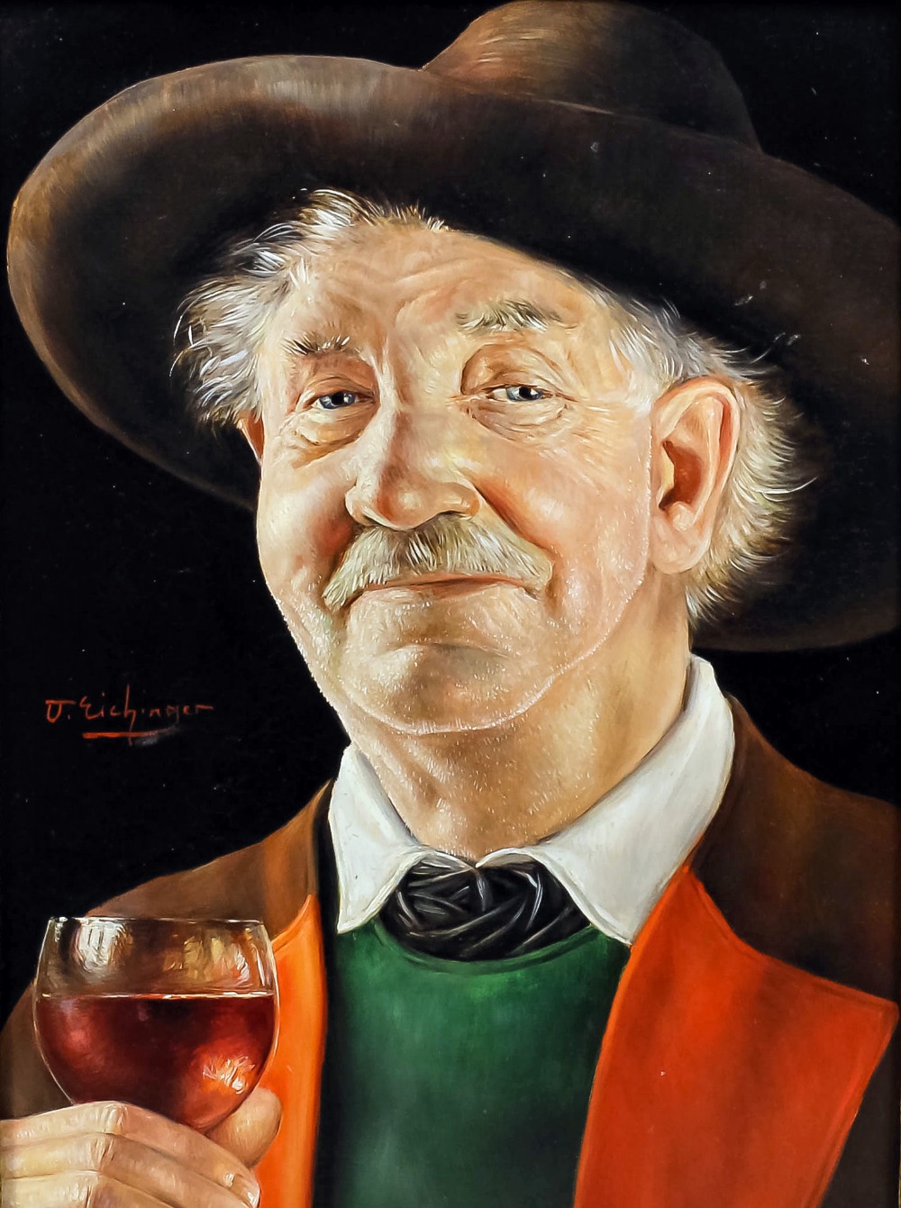 ***Otto Eichinger (1922-2004) - Oil portrait - "A Glass of Wine" - Head and shoulders of a