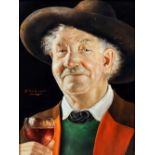 ***Otto Eichinger (1922-2004) - Oil portrait - "A Glass of Wine" - Head and shoulders of a