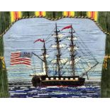 A late 19th Century sailor's woolwork picture depicting an American three masted sailing ship, 8.