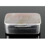 A George III plain silver and agate mounted rectangular snuff box with polished agate top and