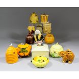 A small collection of ceramic honey pots and bee related items, including - Crown Devon square box