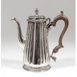 A George II silver coffee pot with fluted tapered body, the domed cover with acorn finial and bead