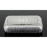 A George IV silver rectangular snuff box with curved sides, the whole engraved with scroll design on