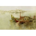 Clara Montalba (1942-1929) - Watercolour - "Canal Boats" - Venetian scene with gondolas, 7ins x 10.