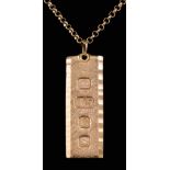 An Elizabeth II 9ct gold ingot, the Jubilee mark for 1977, and 560mm chain necklet for same (gross