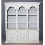 A French pale blue and white painted pine bookcase of neoclassical design, the upper part with