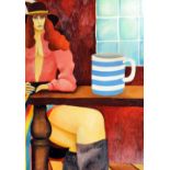 ***Eric Scott (born 1945) - Oil painting - Seated scantily dressed woman with striped mug, panel