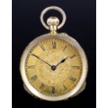 A late 19th Century Swiss lady's 18k gold open faced keyless lever pocket watch, the gilt dial
