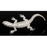 A rose gold and silvery coloured metal mounted all diamond set lizard pattern brooch, the body