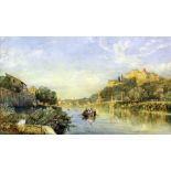 Arthur Glennie (1803-1890) - Watercolour - Italianate river landscape with figures in boat to