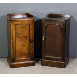 A Victorian figured walnut tray top bedside cabinet, enclosed by a single panel door, on plinth