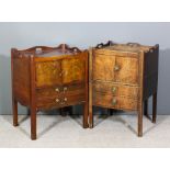 A George III mahogany tray top bedside cabinet the shaped top with three handle cut outs, fitted