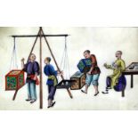 Chinese School - Six watercolours/gouache on pith paper - Figures weighing and packing tea, each