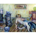 19th/20th Century Continental School - Oil painting - Young woman scrubbing a floor whilst a