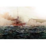 W. Parkin (?) - Watercolour - Battleship in choppy seas off coast with chalk cliffs, 19ins x 26.