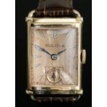 A gentleman's rolled gold Bulova wristwatch, Model No. 4258860, the rectangular face with Arabic