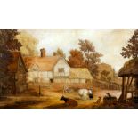 19th Century English School - Watercolour - View of a half timbered farmhouse with farmyard and