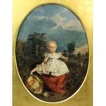 19th Century English School - Oil painting - Portrait of a young child with a rattle and straw