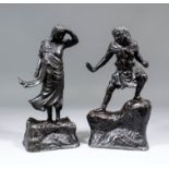 A pair of Japanese bronze figures standing males, one in warlike attitude, the other gazing