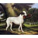 19th Century English School - Oil painting - Portrait of a standing Pointer with a pheasant in its