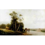 19th Century British School - Oil painting - Landscape with river and figures, canvas 17.75ins x