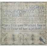 A Victorian needlework sampler worked by Mary Pearson in 1840, aged 11, with alphabet, numbers and