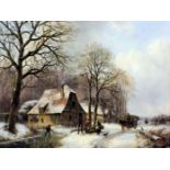 Follower of Jan Jacob Spohler (1811-1866) - Oil painting - Winter scene with cottage and