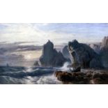 John Mogford (1821-1885) - Watercolour - Seascape with dramatic rock formation and figures, possibly