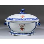 A Chinese armorial blue and white porcelain tureen and cover, the cover with rococo knop finial