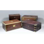 A 19th Century brass bound mahogany writing box, 15.5ins x 9.5ins x 6.25ins high, two other similar,