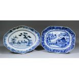 A Chinese blue and white porcelain oval meat plate of shaped outline, painted with two deer in a