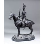 A modern bronze figure of a French Hussar on horseback, polished marble base, 22.25ins high,