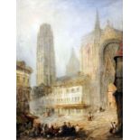 19th Century Continental School - Oil painting - Townscape with cathedral, relined canvas 24ins x