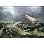 19th Century English School - Oil painting - A shipwrecked ship of the line in stormy seas, canvas