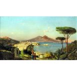 19th Century Continental School - Oil painting - View across the Bay of Naples towards Vesuvius,