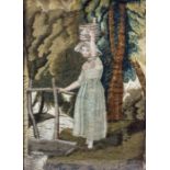 An early 19th Century English coloured silk and woolwork picture of a young girl carrying a basket