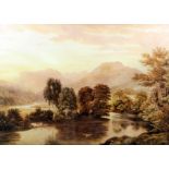 19th Century English School - Watercolour - Lake District mountainous landscape with river to