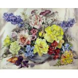 ***Phyllis I. Hibbert (1903-?) - Watercolour - Still life of flowers in a blue pottery bowl, 16ins x