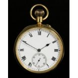 A gentleman's 18ct gold open faced keyless lever pocket watch, No. 721925, the white enamelled