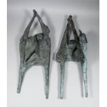 Charmian Fearnley (1932-2012) - Green patinated bronze group - Two figures with raised arms