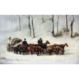 J. Wolski - Oil painting - Winter scene with horse-drawn wagon, canvas 14.75ins x 23ins, signed,