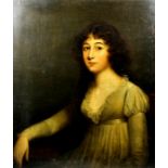 Early 19th Century English School - Oil painting - Half length portrait of a young woman seated at a