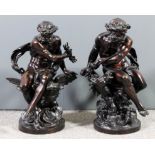 Early 20th Century French School - Two brown patinated bronze figures - Neptune holding a trident