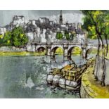 *** Bernard Dufour (born 1922) - Oil painting - French city scape with river, bridge and buildings