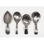 Three George III silver caddy spoons - with moulded leaf pattern bowl and engraved handle, by Joseph