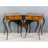 A pair of 19th Century North Italian walnut square tray top occasional tables, the quarter